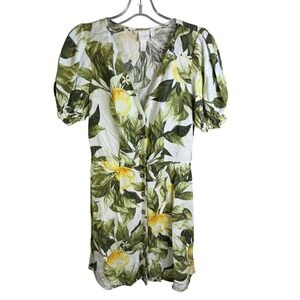 H&M‎ Linen Blend Dress Womens US 6 Lemon Print Button Front Puff Sleeve Summer